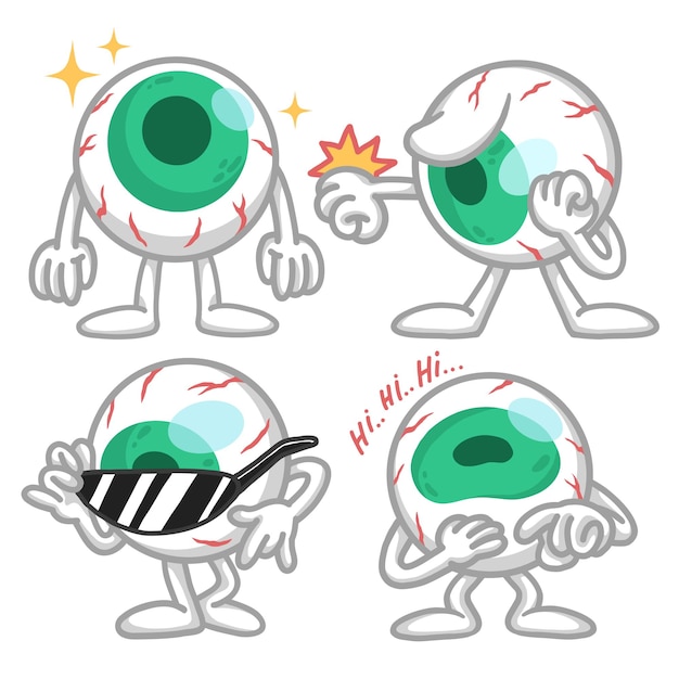 set of adorable and cute eyeball sticker character illustration