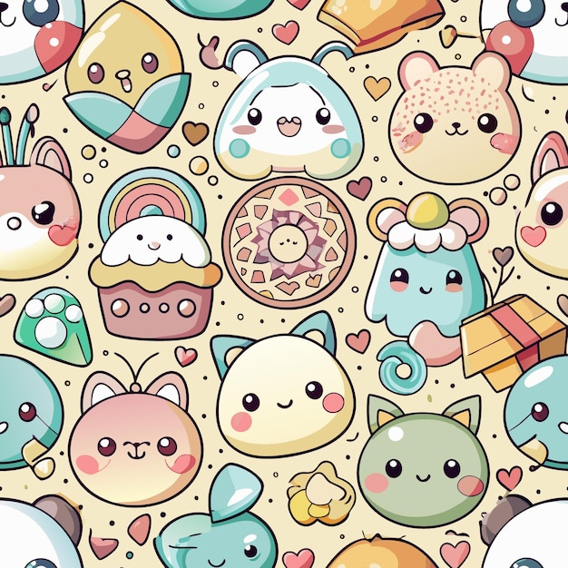 Set of Adorable Seamless Pattern in Kawaii Style