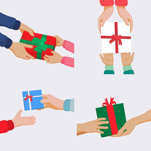 Set of adult and children hands giving and receiving gifts or presents on Christmas day birthday and...