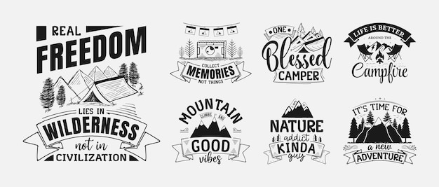 Set of Adventure and Camping Quote Lettering Illustration for tshirt Print and much more