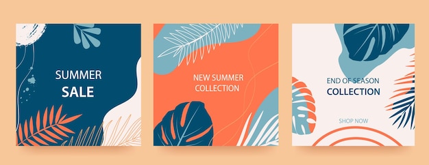 Set of advertising banners with tropical leaves plants and spots in trendy colors Announcement of a new collection discounts on it summer sale Template for sale advertising web