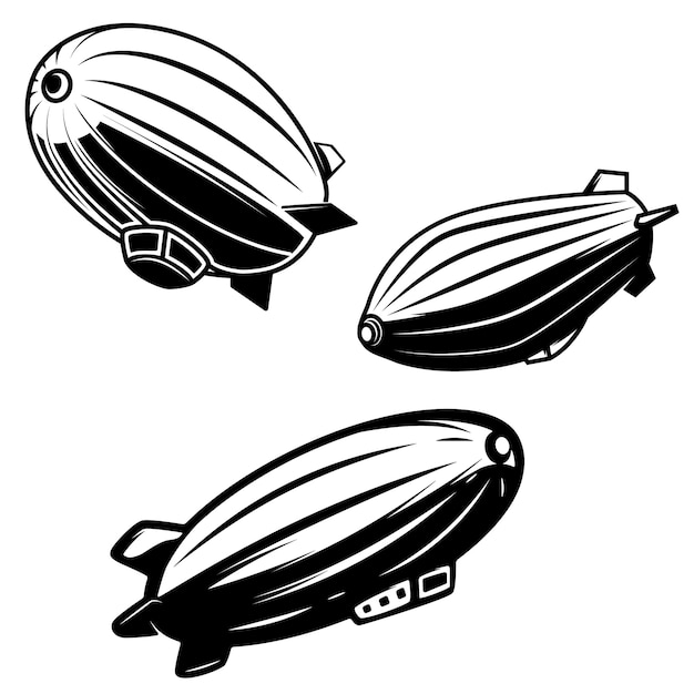 Set of aerostat illustrations on white background. airships zeppelins.  elements for logo, label, emblem, sign.  image