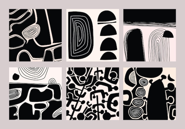 Set of aesthetic abstract composition shapes and doodles black and white hand drawn vector