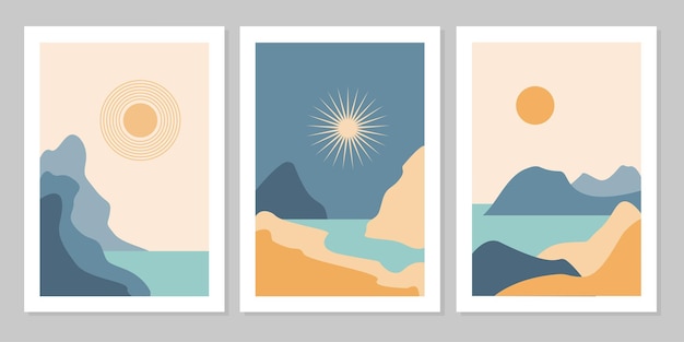 Set of aesthetic modern natural abstract landscape background with mountain, forest, sea, sky, sun and river. Minimalist boho poster cover template. Design for print, postcard, wallpaper, wall art.