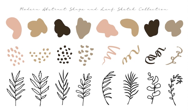 a set of aesthetic neutral color modern abstract shape clip art and leaf line art drawing