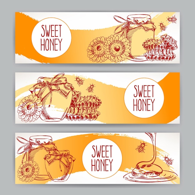 Vector set af tree horizontal honey banners. jars of honey, bees, honeycomb. hand-drawn illustration - 2