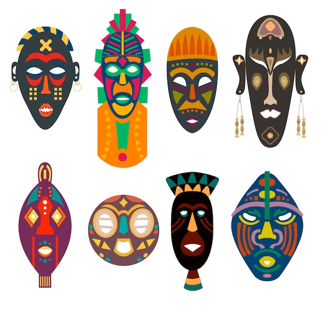 Set African masks different tribes shapes bright colors under face holes