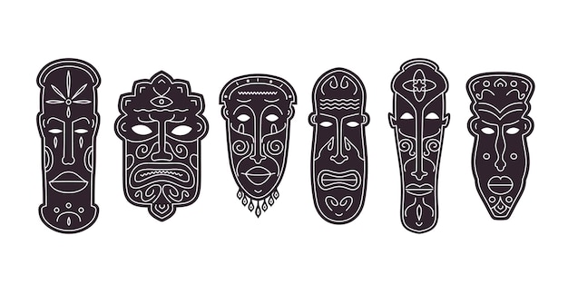 A set of African masks Emotions Black and white vector illustration in a flat style