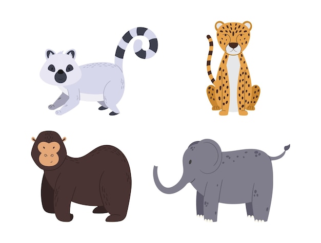 Set African Safari Animals Lemur Cheetah Gorilla and Elephant Design Elements for Kids Isolated on White Background