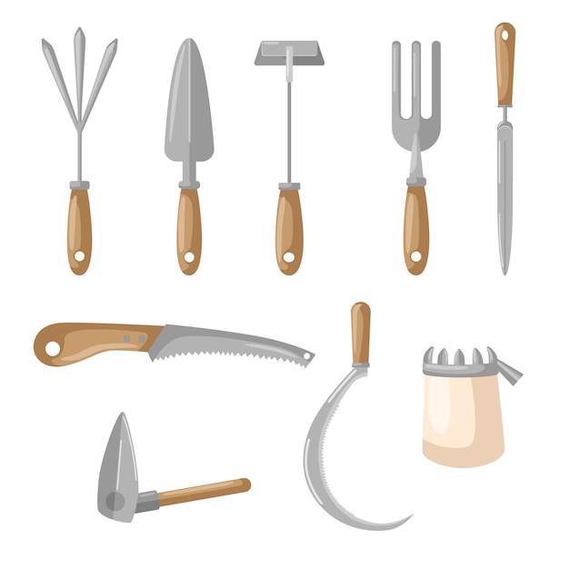 Set agricultural on white backdrop. Scoop, pitchfork, saw, sickle, hoe,rake Flat style