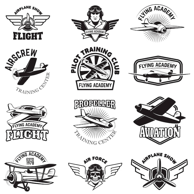 Set of air force, airplane show, flying academy emblems. Vintage planes.  elements for , badge, label.  illustration.