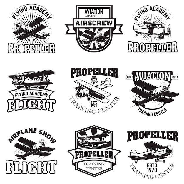 Set of air force, airplane show, flying academy emblems. Vintage planes.  elements for logo, badge, label.  illustration.