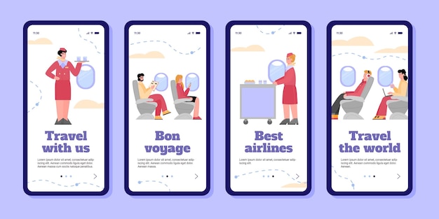 Set airline start onboarding pages with cartoon people vector illustrations