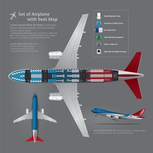 Set of Airplane Landing with Seat Map Isolated Vector Illustration