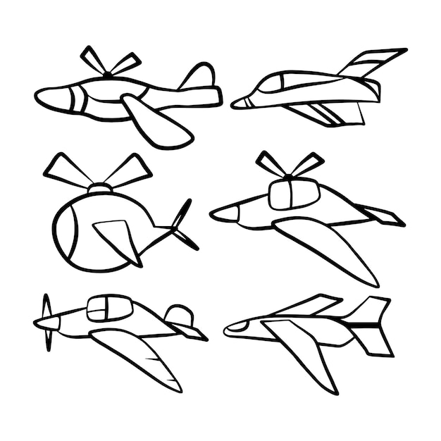 Set of airplanes hand drawn icons The contours of the aircraft in doodle style isolated on white background Simple graphic drawing decor for kids