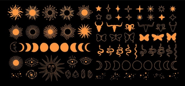 Set of alchemy esoteric mystical magic celestial icons, sun, moon phases, stars, sacred geometry isolated