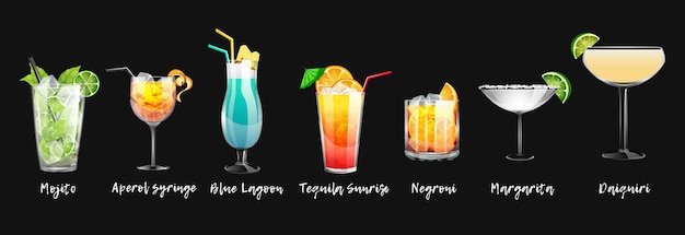 Set of alcoholic cocktails and nonalcoholic cocktails on a black background Vector illustration