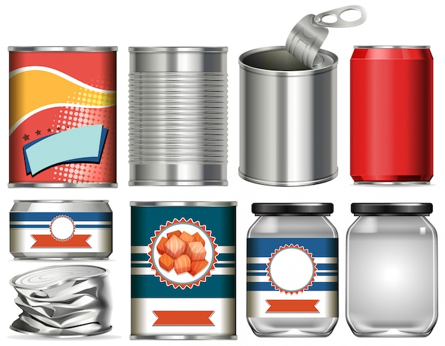 Set of aluminium cans with label design on white background