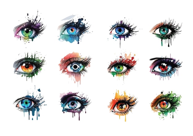 Set of amazing colorful eyes watercolor paint