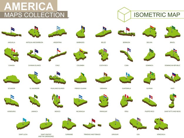 Set of American countries isometric map and flag