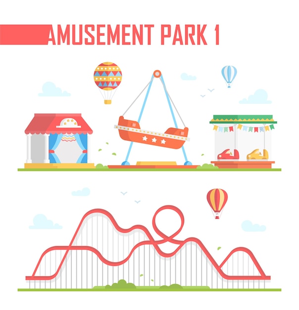 Set of amusement park elements - modern vector illustration on white background. Roller coaster, hot air balloons, outdoor performance stage, carousels, attraction. Entertainment concept