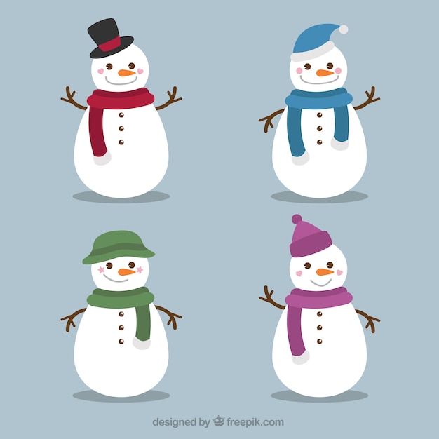 Set of amusing snowmen with scarf and hat