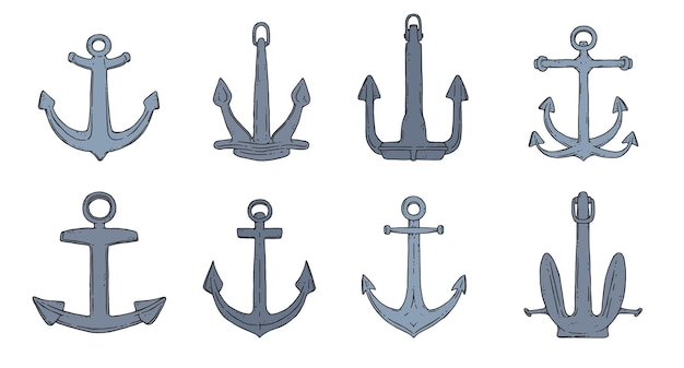 Set of anchors vector doodle sketch outline isolated illustration.