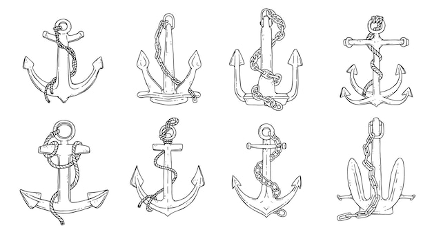 Set of anchors with rope and iron chain. Vector black white doodle sketch outline isolated illustration.