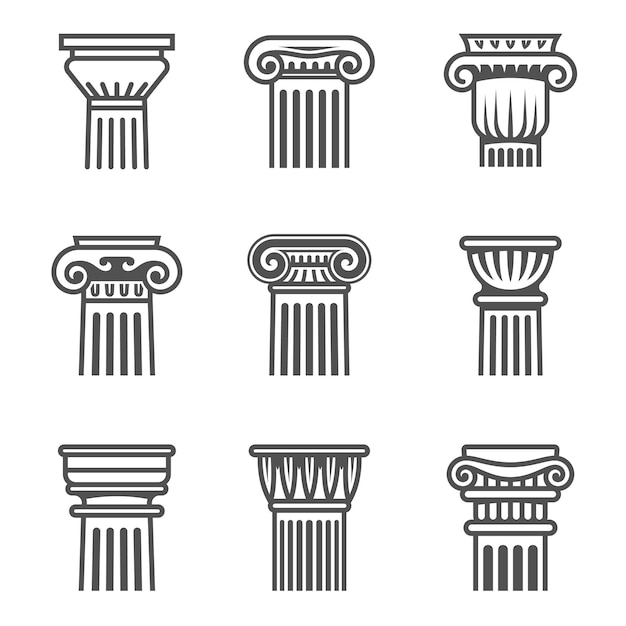 Set of ancient columns icon in black and white colors