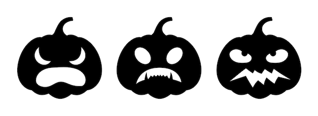 Set of angry pumpkins different faces on white background silhouette pumpkin with smile for holiday Halloween