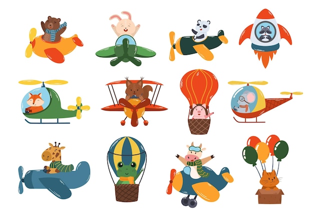 Set Animals Flying On Airplane Rocket Helicopter And Air Balloon Cute Bear Bunny Panda And Raccoon Fox Squirrel