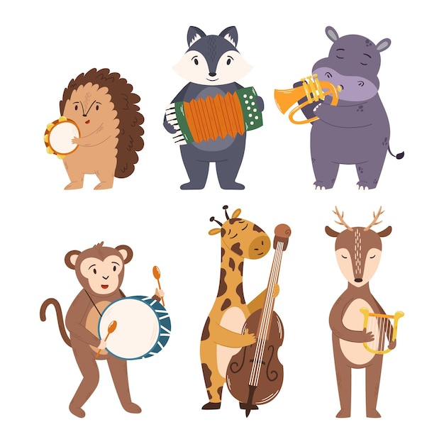 Set Of Animals Play Music Cute Hedgehog Fox Hippopotamus Monkey Giraffe And Deer Playing On Tambourine Accordion