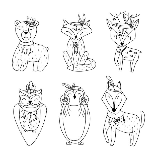 A set of animals in the Scandinavian style for the nursery Black and white Vector illustration Animals