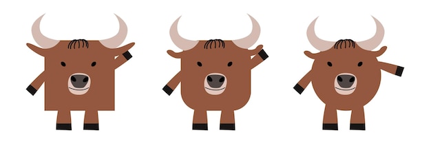 A set of animals of square and round shape Vector illustration of a bull in a flat style