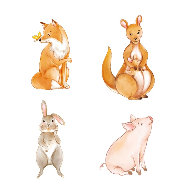 set of animals wildlife cartoon watercolor