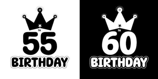 Set of anniversary 55th and 60th birthday celebration lettering with crown on isolated background