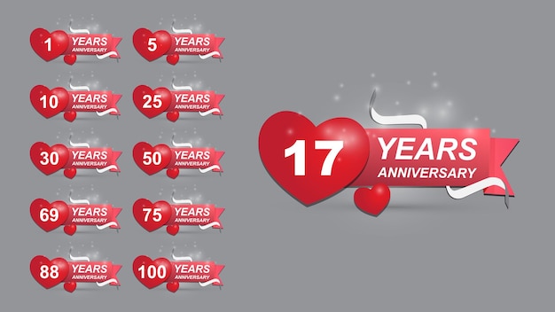 set of anniversary celebration logos with heart elements