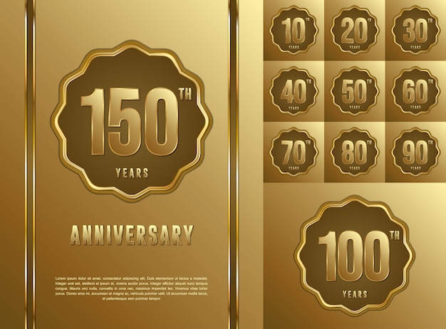 Set of anniversary celebration template designs with gold color. Vector template illustration