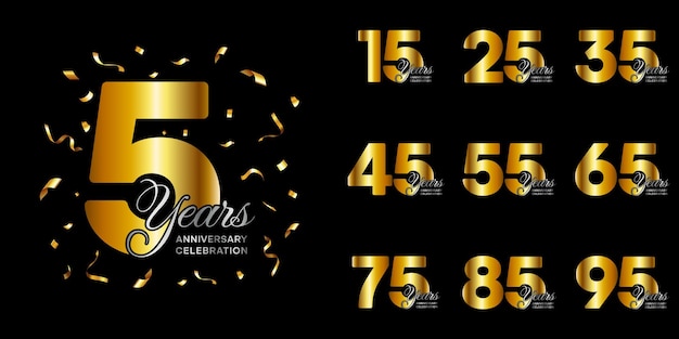 Set of Anniversary logo designs Gold numbers with confetti glitter and ribbon, Vector illustration