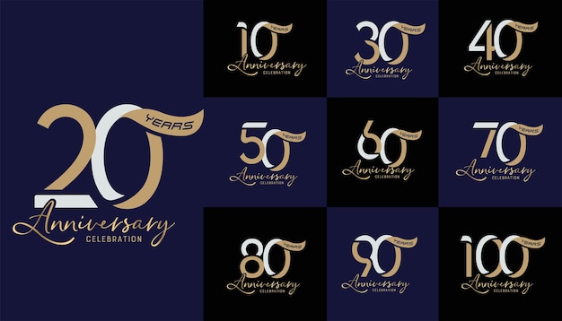 Set of anniversary logotype and gold ribbon modern style