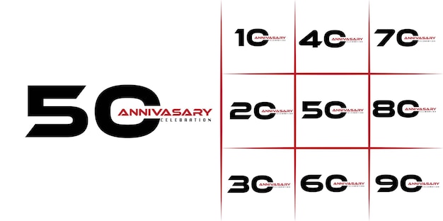 Set of anniversary pictogram icon. Flat design. 10, 20, 30, 40, 50, 60, 70, 80, 90, years birthday