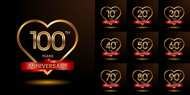 Set of Anniversary Template designs Gold numbers with red ribbon, Vector illustration