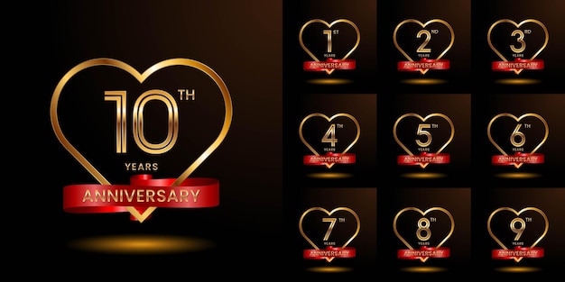 Set of Anniversary Template designs Gold numbers with red ribbon, Vector illustration