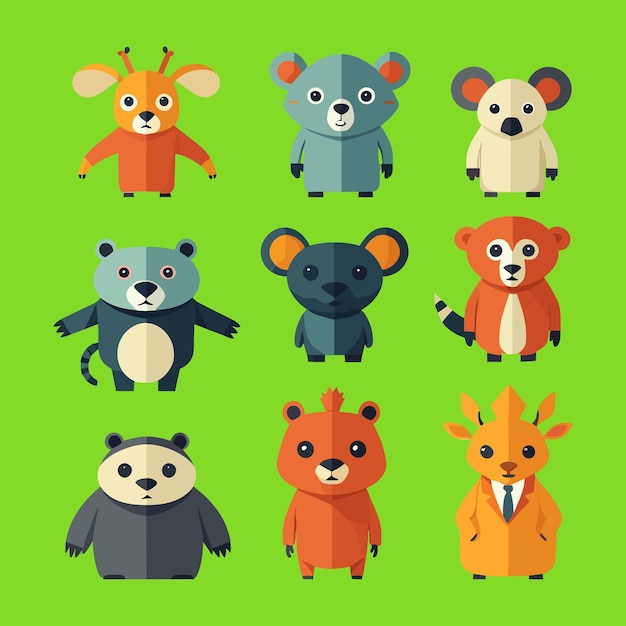 Set of anthropomorphic animals with flat design