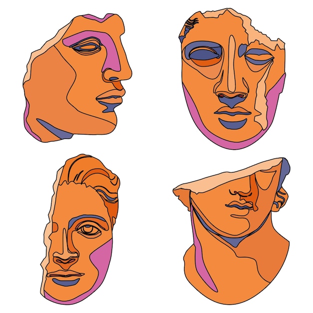 A set of antique sculpture pieces in funky pop art style. Collection of faces from the past.