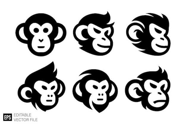 Vector set of ape head illustration silhouette black and white isolated vector collection graphic design