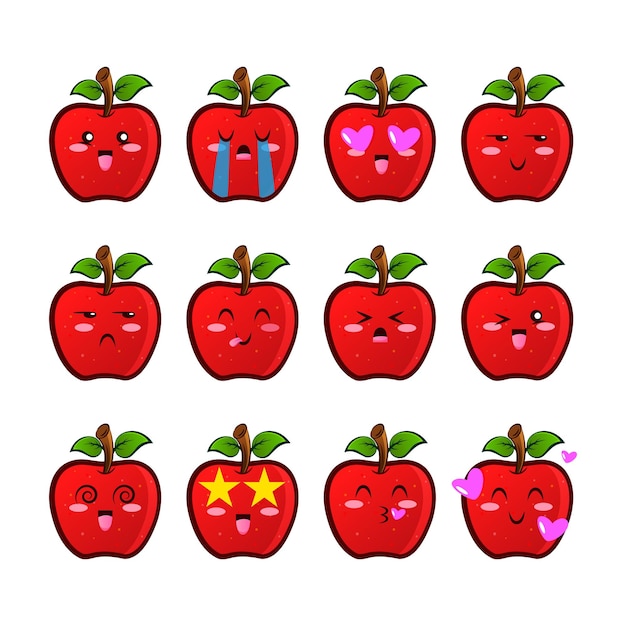 Set apple icons emojis Collection of fruit emoticons in cartoon style isolated