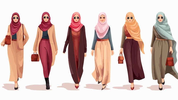 Vector set of arabic women in hijab vector flat realistic illustration