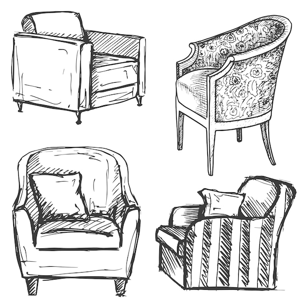 Set of armchairs isolated on white background. Illustration in a sketch style.