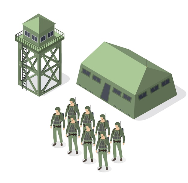 Set of army armed troop soldiers isometric armed military objects